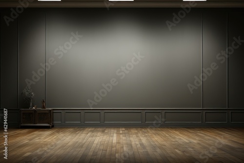 A background image for visual content  showcasing a dark green wall  complemented by a wood floor and atmospheric ceiling lights. Photorealistic illustration