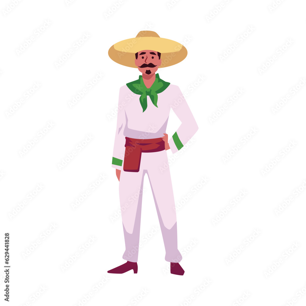 Mustachioed Mexican man in sombrero flat style, vector illustration