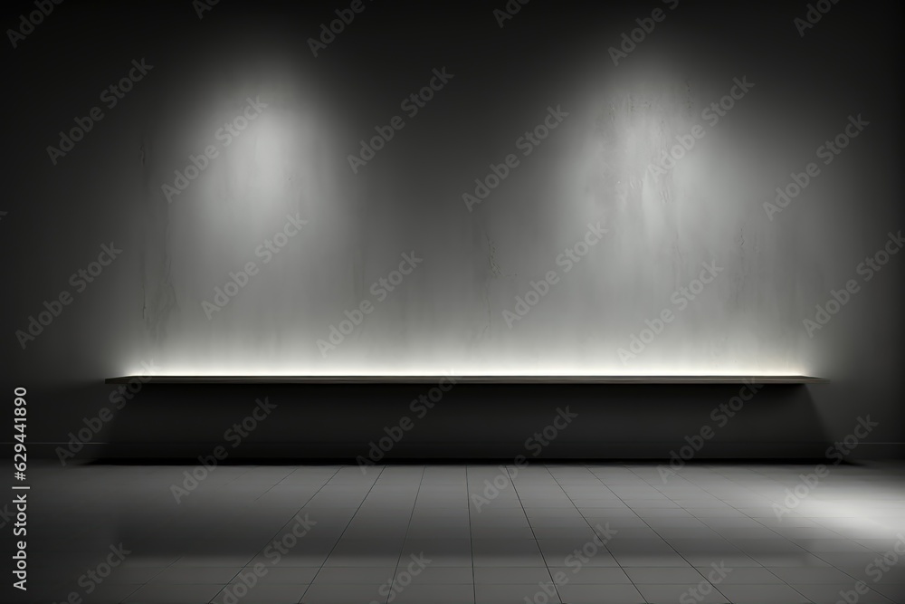 An intriguing background image for visual content, showcasing an illuminated shelf mounted on a concrete wall in a dark room. Photorealistic illustration An intriguing background image for visual content, showcasing an illuminated shelf mounted on a concrete wall in a dark room. Photorealistic illustration