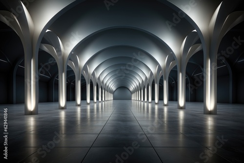 A mesmerizing futuristic wallpaper, showcasing a hall adorned with numerous illuminated columns and an elegant arch ceiling. Photorealistic illustration