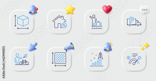 Correct answer, Luggage belt and Truck parking line icons. Buttons with 3d bell, chat speech, cursor. Pack of Eco bike, Square area, Box size icon. Loan house, Development plan pictogram. Vector