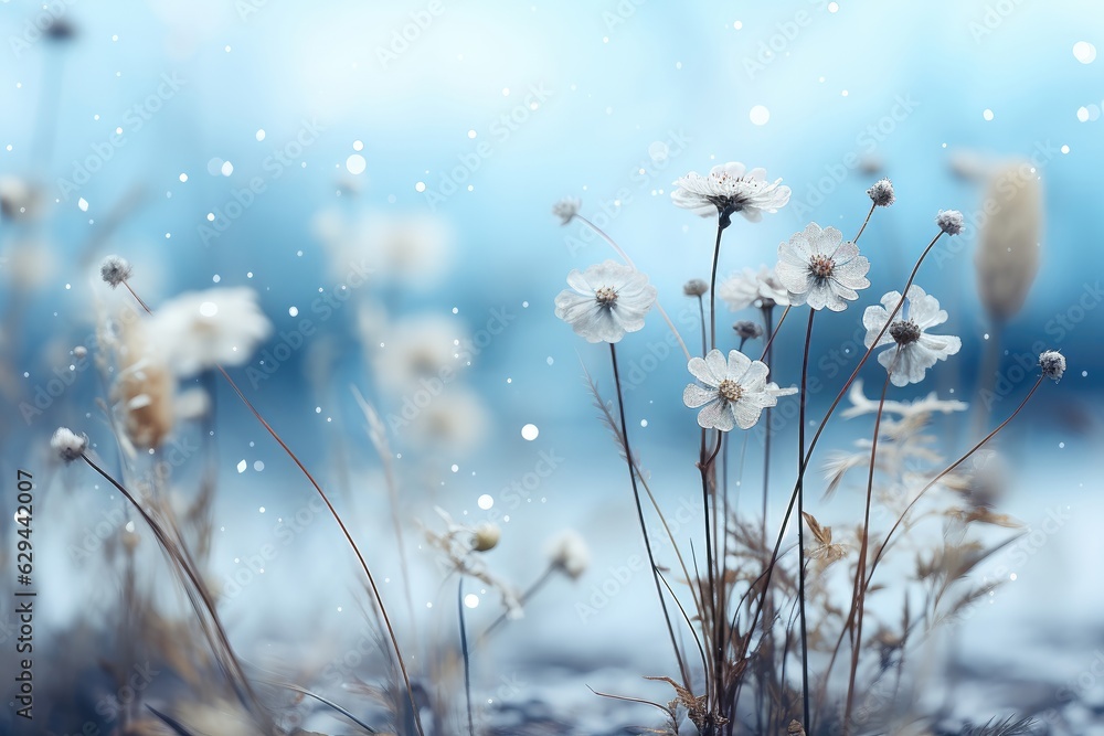 A wallpaper showcasing white flowers against a snowy backdrop, with a pronounced field of depth that adds a sense of dimension and tranquility to the scene. Photorealistic illustration