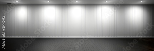 A background image for visual content, featuring a horizontal white wall contrasted by a black floor and complemented by ceiling lights. Photorealistic illustration