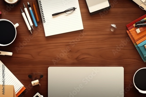 Top view Office desk with office tools, computer laptop on wood table background with copy space. Generative AI