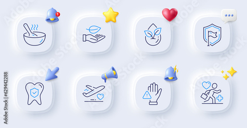 Leaf, Organic product and Patient line icons. Buttons with 3d bell, chat speech, cursor. Pack of Shield, Cook, Medical flight icon. Dental insurance, Dont touch pictogram. Vector