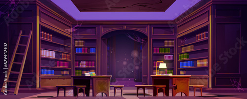Abandoned library with old books on dusty shelves and working desks with lamps. Vector cartoon illustration of large room with bookshelves and walls covered with cobweb. Haunted archive interior