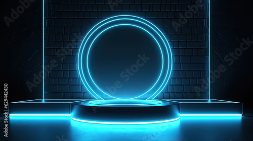 Podest with a blue ringlight behind to present a product or something else. Generative AI.