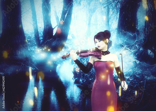 Girl with violin in night forest