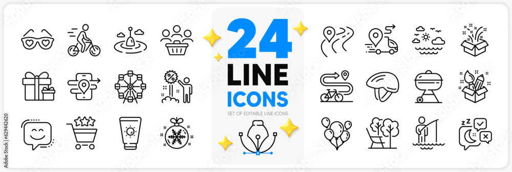 Icons set of Love glasses, Ferris wheel and Surprise package line icons pack for app with Shopping rating, Fisherman, Smile face thin outline icon. Buyers, Deckchair, Travel sea pictogram. Vector