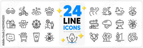 Icons set of Love glasses, Ferris wheel and Surprise package line icons pack for app with Shopping rating, Fisherman, Smile face thin outline icon. Buyers, Deckchair, Travel sea pictogram. Vector