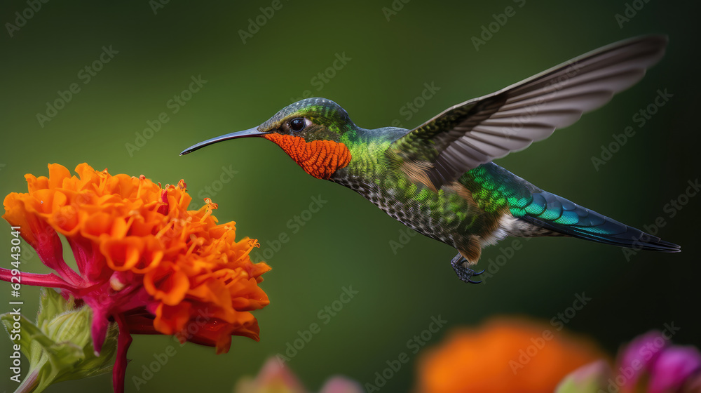 Beautiful tiny colibri flying in front of an orange beautiful blossom. Generative AI. Beautiful tiny colibri flying in front of an orange beautiful blossom. Generative AI.