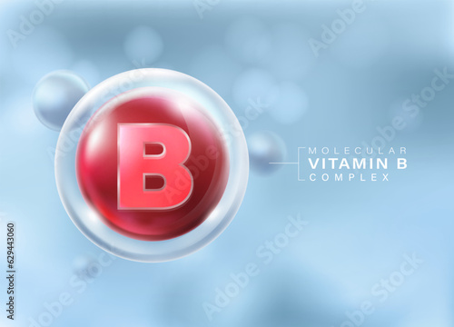 Vitamin B Complex Molecule floating in front of isolated blue background. important vitamins that nourish the body Advertising media for dietary supplements, cosmetics, multivitamins.