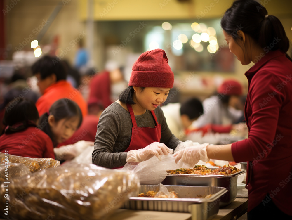 an Asian family spends their Christmas day volunteering at a charity event. They distribute gifts, food, and warm clothing to underprivileged families