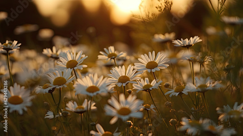 Some white blooming camomile plants in front of the orange sky in the evening. Generative AI.