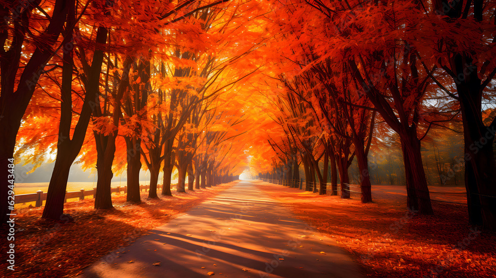 a road is lined with orange leaves in the autumn, autumn view in nature, Generative AI