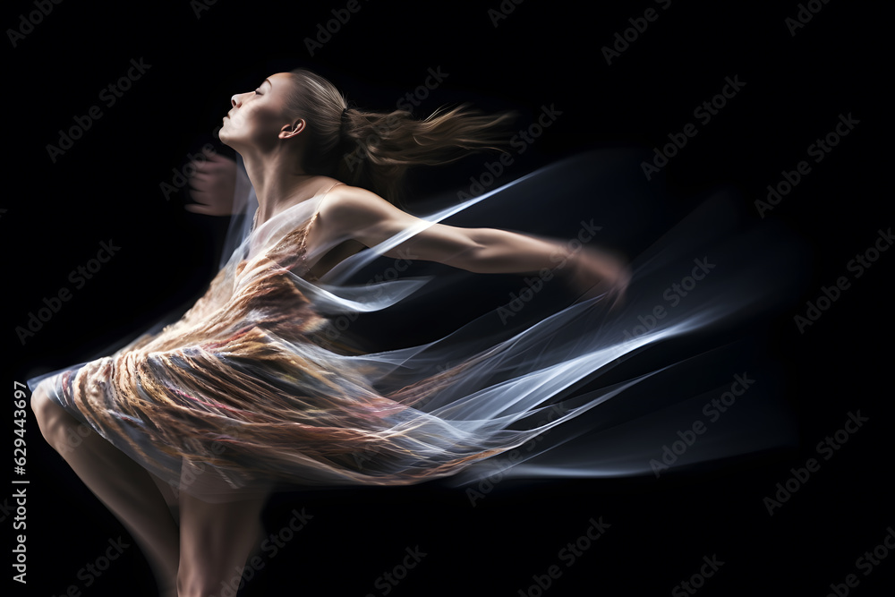 Panning shot of a dancer performing a dynamic and acrobatic move, capturing the fluid and expressive motion. Generative AI