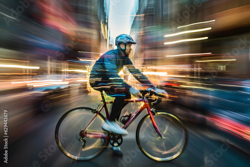 Multiple exposure photograph of a cyclist riding through a city street, blending multiple frames to convey a sense of movement and energy. Generative AI