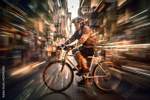 Multiple exposure photograph of a cyclist riding through a city street, blending multiple frames to convey a sense of movement and energy. Generative AI © Mihai Zaharia