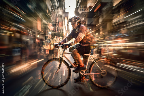 Multiple exposure photograph of a cyclist riding through a city street, blending multiple frames to convey a sense of movement and energy. Generative AI