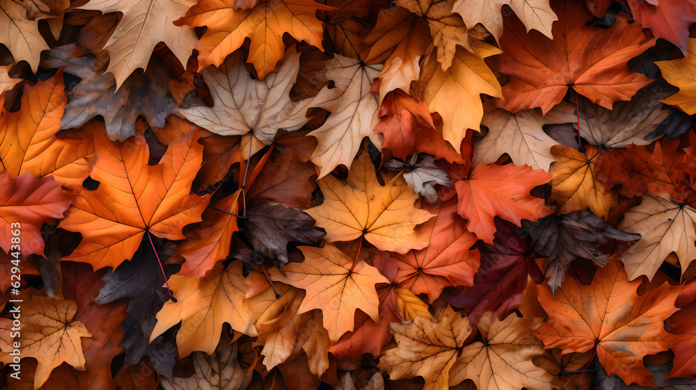 closeup of autumn colorful yellow golden thick blanket of fallen dry maple leaves on ground deciduous abscission period over forest leaf litter, Generative AI closeup of autumn colorful yellow golden thick blanket of fallen dry maple leaves on ground deciduous abscission period over forest leaf litter, Generative AI