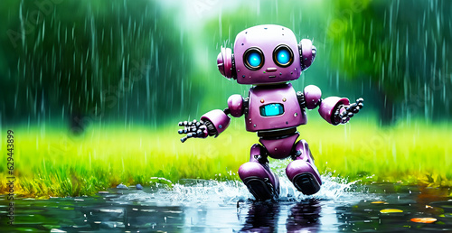 illustrazione di piccolo robot giocattolo colorato che cammina e saltella in una pozzanghera sotto la pioggia, rilflesso nell'acqua, sfondo di prati e vegetazione photo