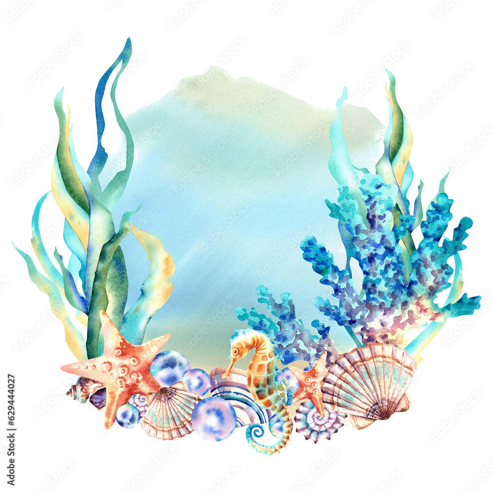 Naklejka premium Marine composition on a blue background. Seahorse, seaweed, corals and starfish. Watercolor illustration. Underwater inhabitants.