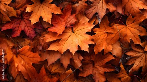 closeup of autumn colorful yellow golden thick blanket of fallen dry maple leaves on ground deciduous abscission period over forest leaf litter, Generative AI