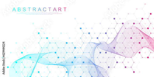 Molecular abstract structure and genetic engineering DNA. Healthcare and medicine background concept. Scientific research background. Wave flow. Innovation pattern. Vector illustration.