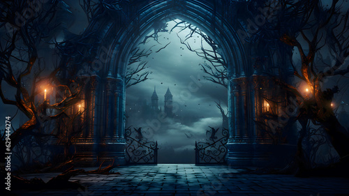 halloween backgrounds  in the style of arched doorways  dark sky-blue and dark gray color spooky night  Generative AI