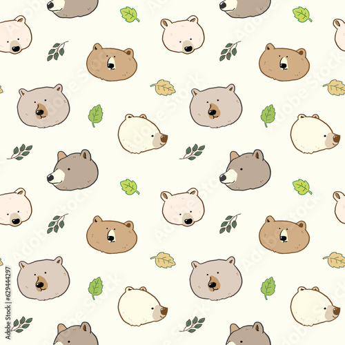 Seamless Pattern of Cartoon Bear Face and Leaf Design on Light Yellow Background