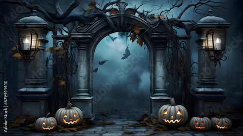 halloween backgrounds, in the style of arched doorways, dark sky-blue and dark gray color with jack o lantern spooky night, Generative AI