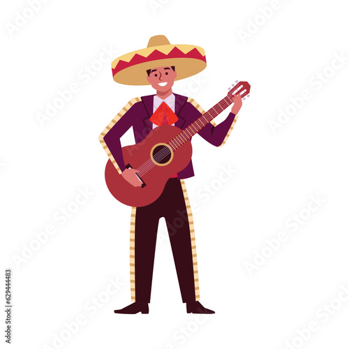Smiling young Mexican man in sombrero playing guitar flat style
