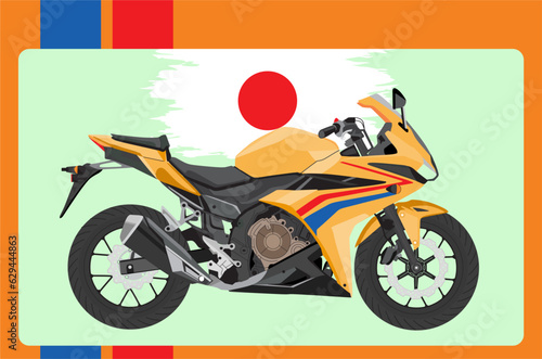 Racing motorbike vector design with orange background and two color stripe pattern  blue and red  including Japanese flag.