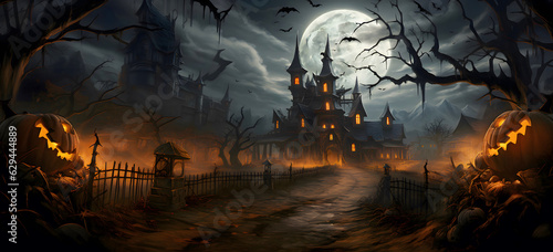Pumpkins In Graveyard In The Spooky Night, dark sky-blue and dark gray color with jack o lantern, castle, Generative AI