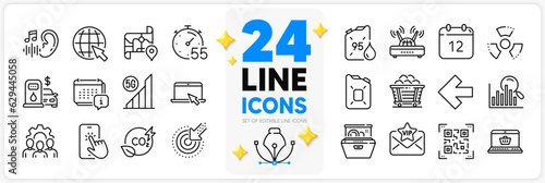 Icons set of Map, Wifi and Portable computer line icons pack for app with Online shopping, Search, Team work thin outline icon. Chemical hazard, Qr code, Co2 gas pictogram. Internet. Vector