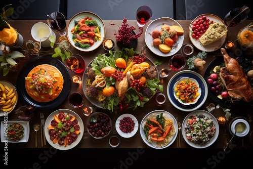 overhead shot of a Thanksgiving table laden with a feast