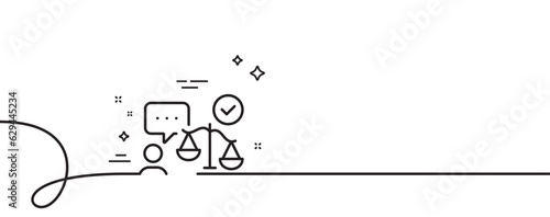 Lawyer line icon. Continuous one line with curl. Court judge sign. Justice scale symbol. Lawyer single outline ribbon. Loop curve pattern. Vector