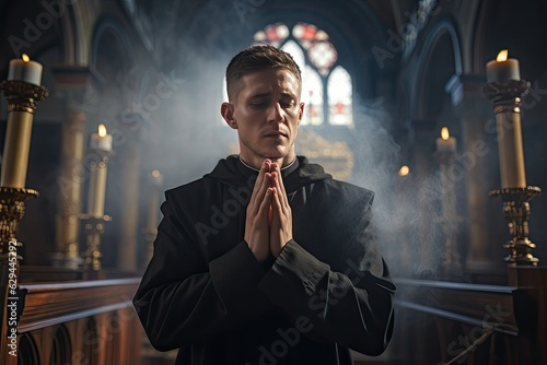 Faithful priest praying in catholic church.