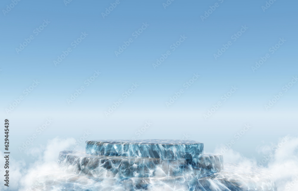 Obraz premium 3d ice crack podium or 3d ice crack dais stage. podium mock-up stand product scene on blue background. ice crack 3d podium stage blue background 
