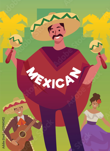 Poster or vertical banner with smiling Mexican man in poncho and sombrero playing maracas
