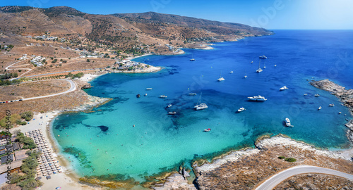 Fototapeta Naklejka Na Ścianę i Meble -  Aerial view of the beautiful bay and beaches of Koundouros at Kea, Tzia island, Greece