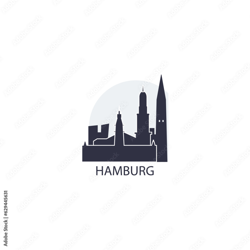 Germany Hamburg cityscape skyline capital city panorama vector flat modern logo icon. Central Europe region emblem idea with landmarks and building silhouettes at sunrise sunset
