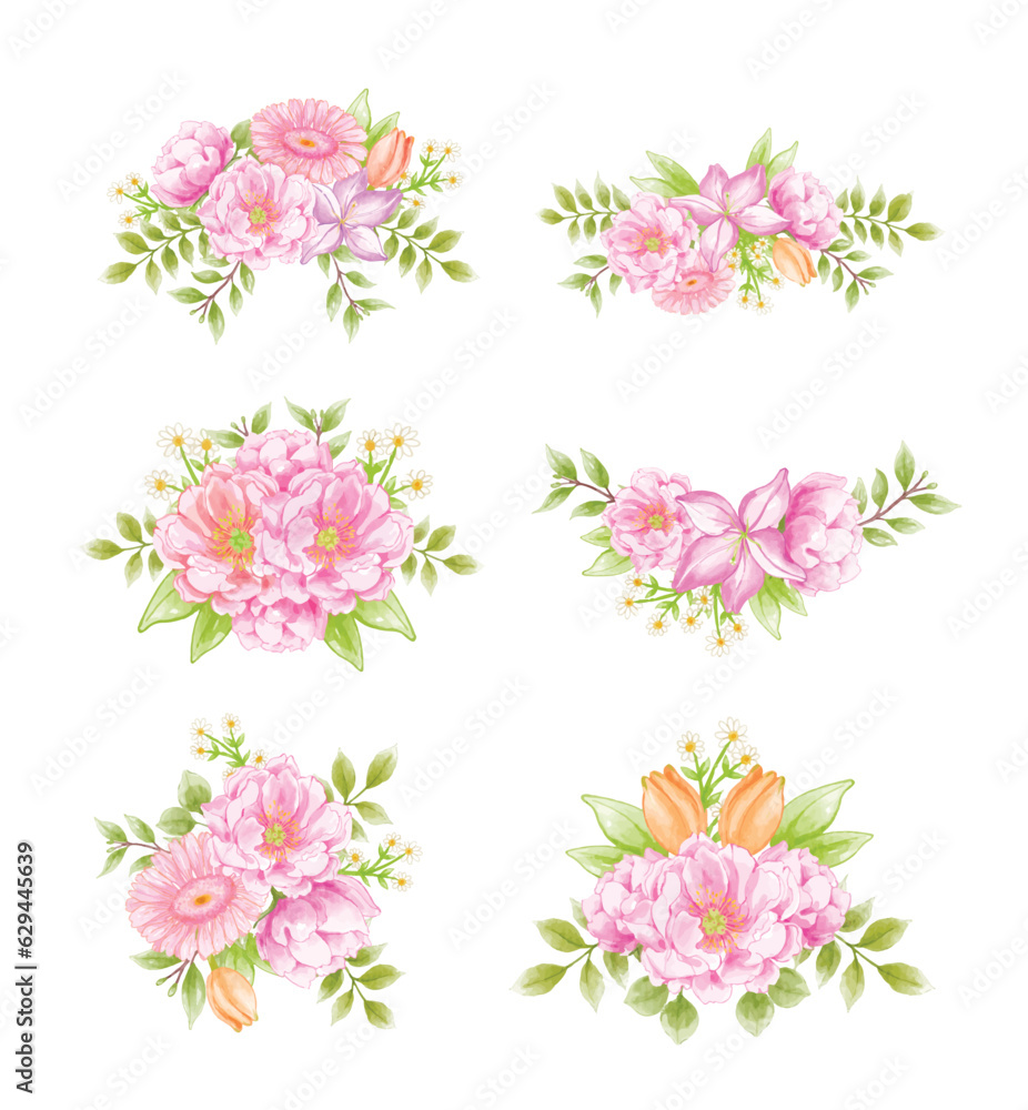set of Watercolor floral wreath bouquet