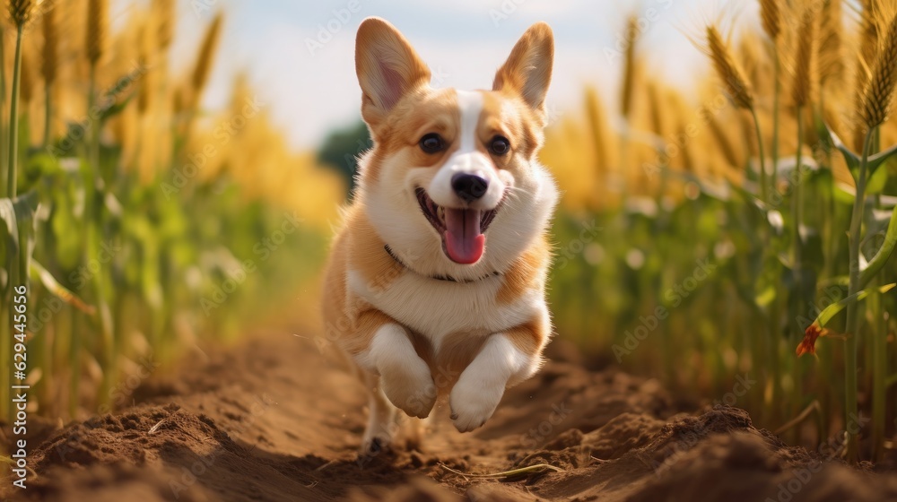 Cute corgi dog running in a corn field Cute corgi dog running in a corn field