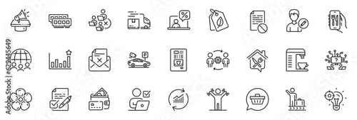 Icons pack as Online voting, Engineering team and Coffee vending line icons for app include Ram, Shopping cart, Megaphone outline thin icon web set. Voting ballot, Food delivery. Vector