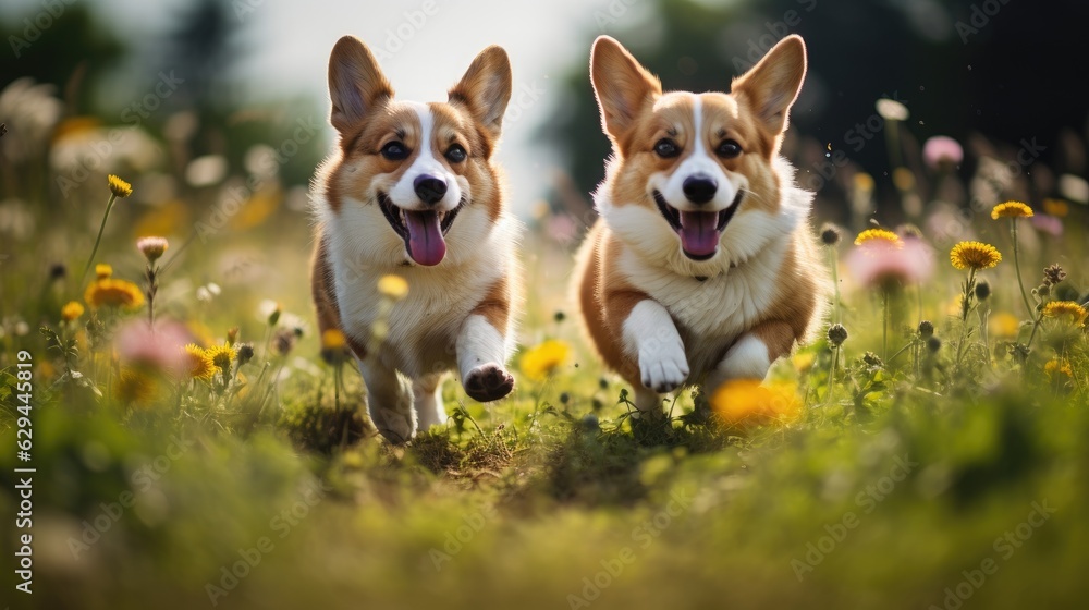 Two cute corgi dogs running on a beautiful green summer meadow with flowers Two cute corgi dogs running on a beautiful green summer meadow with flowers