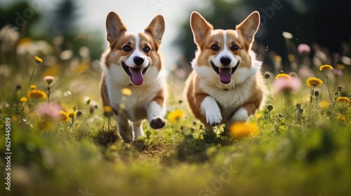 Two cute corgi dogs running on a beautiful green summer meadow with flowers