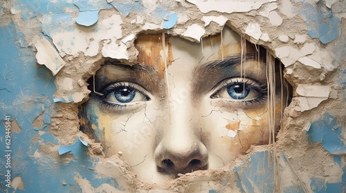 Generative AI, Woman eyes looking through a torn hole in vintage paper, blue and beige colors mural. Painted hyperrealistic female art.