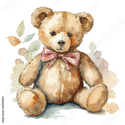 Old Retro Teddy Bear Toy, PNG Clipart Image, Vintage Painted Watercolor Art, Generative AI photo