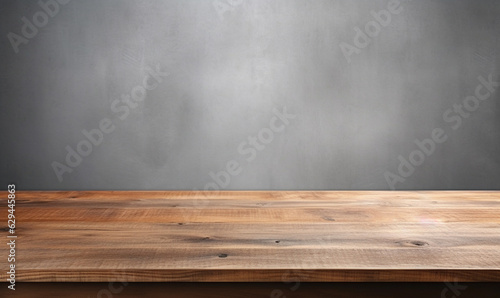 empty wooden table against a background of a clean, gray wall